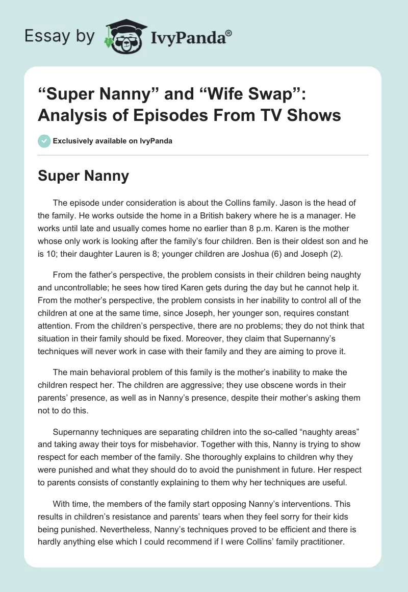 “Super Nanny” and “Wife Swap”: Analysis of Episodes From TV Shows. Page 1