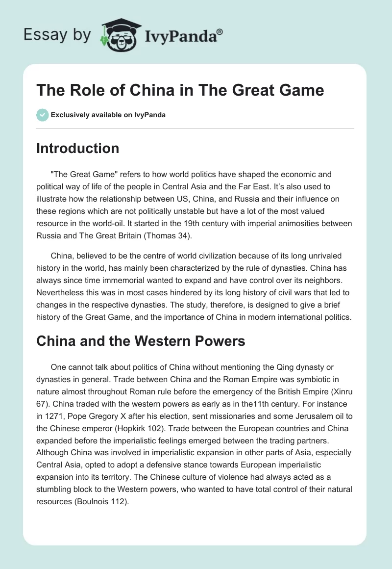 The Role of China in The Great Game. Page 1