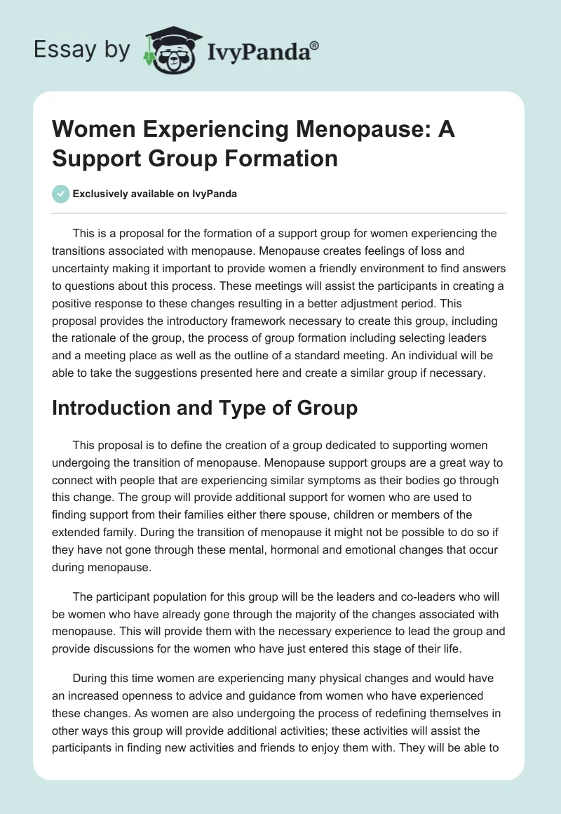 Women Experiencing Menopause: A Support Group Formation. Page 1