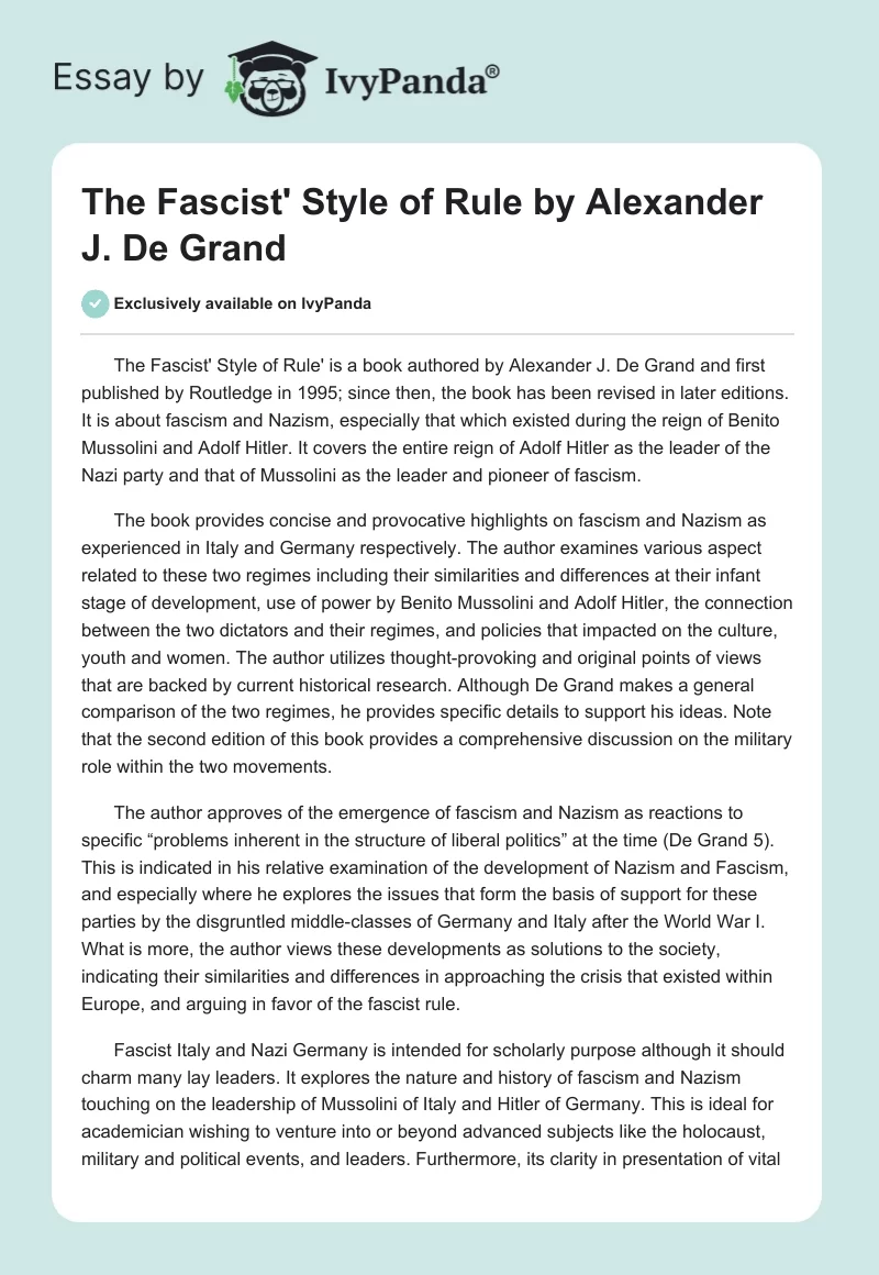 "The Fascist' Style of Rule" by Alexander J. De Grand. Page 1