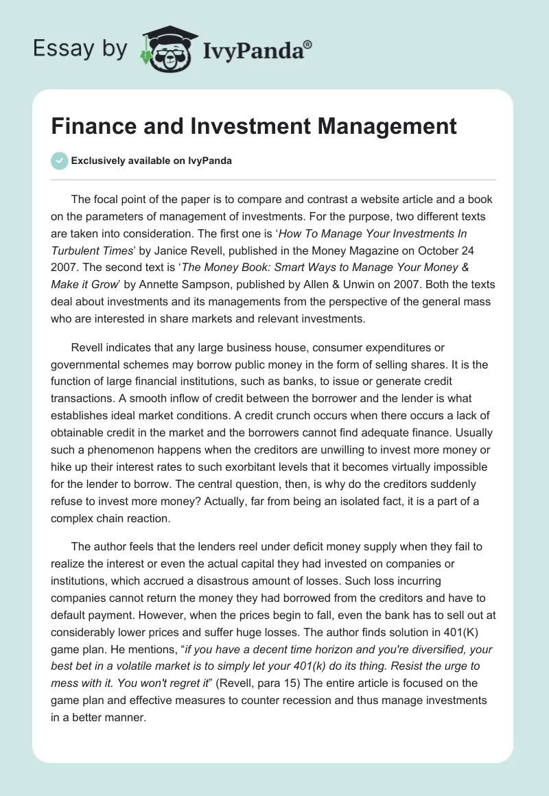Finance and Investment Management. Page 1