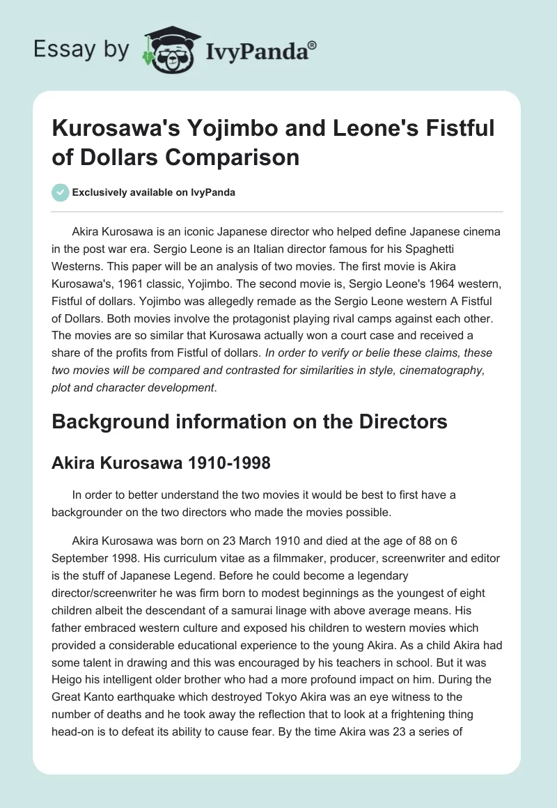 Kurosawa's "Yojimbo" and Leone's "Fistful of Dollars" Comparison. Page 1