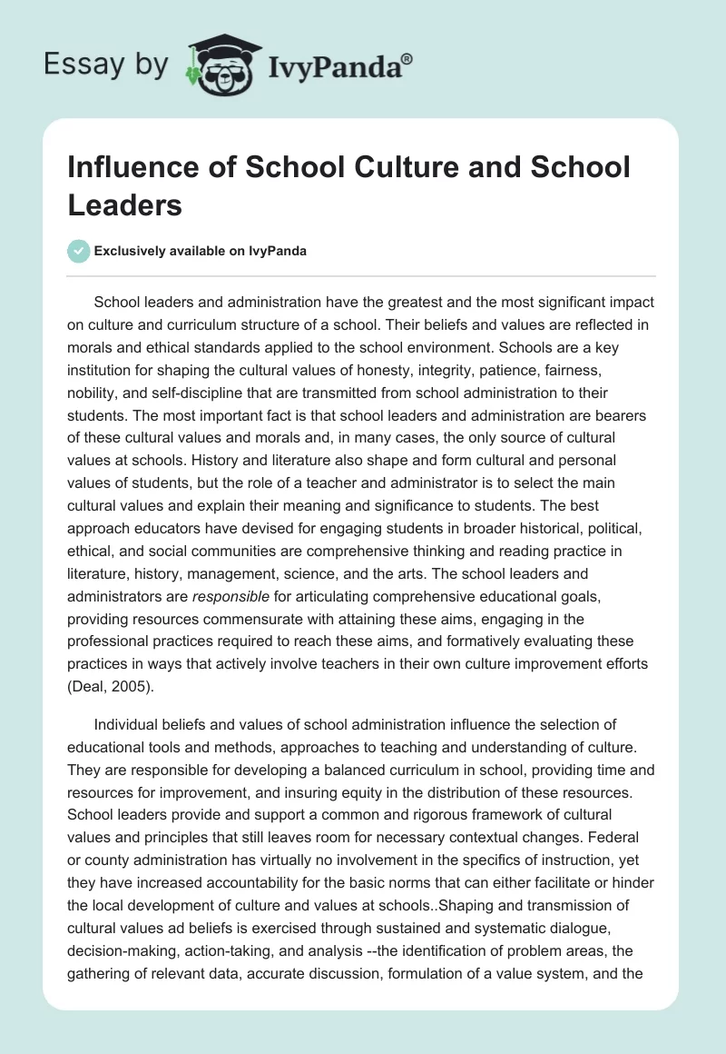 Influence of School Culture and School Leaders. Page 1