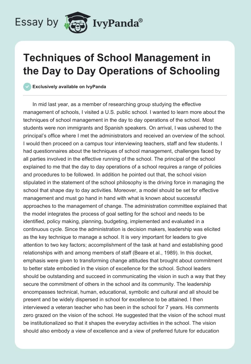 Techniques of School Management in the Day to Day Operations of Schooling. Page 1