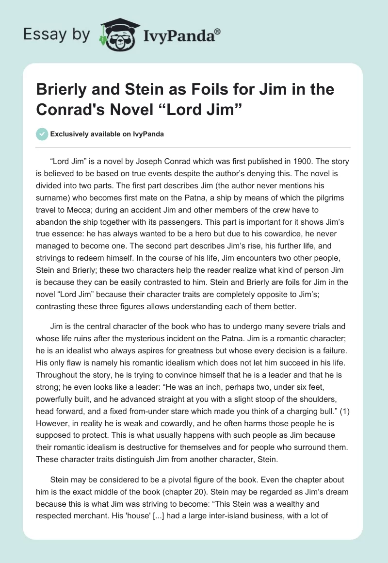 Brierly and Stein as Foils for Jim in the Conrad's Novel “Lord Jim”. Page 1