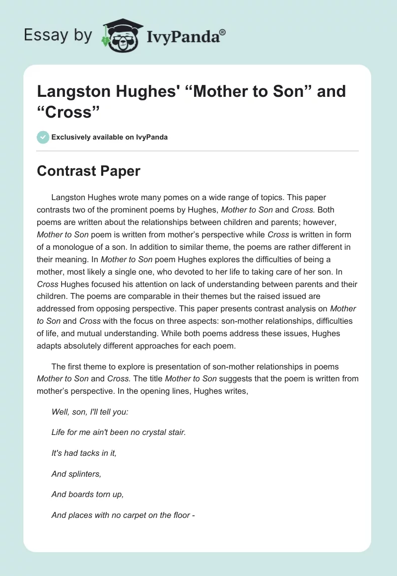 Langston Hughes' “Mother to Son” and “Cross”. Page 1