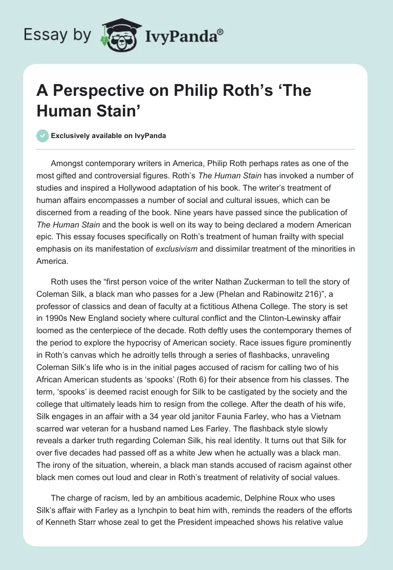 A Perspective on Philip Roth’s ‘The Human Stain’. Page 1