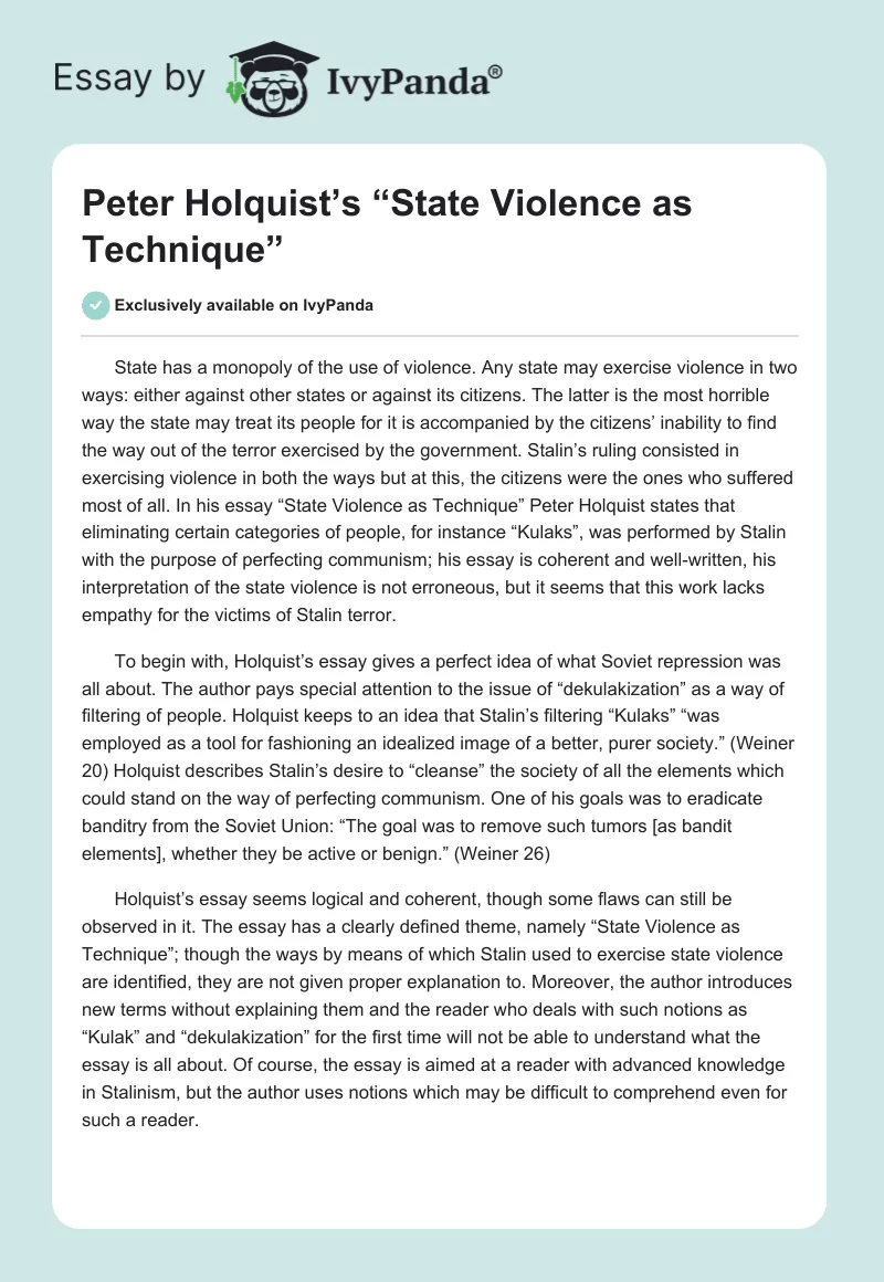 Peter Holquist’s “State Violence as Technique”. Page 1