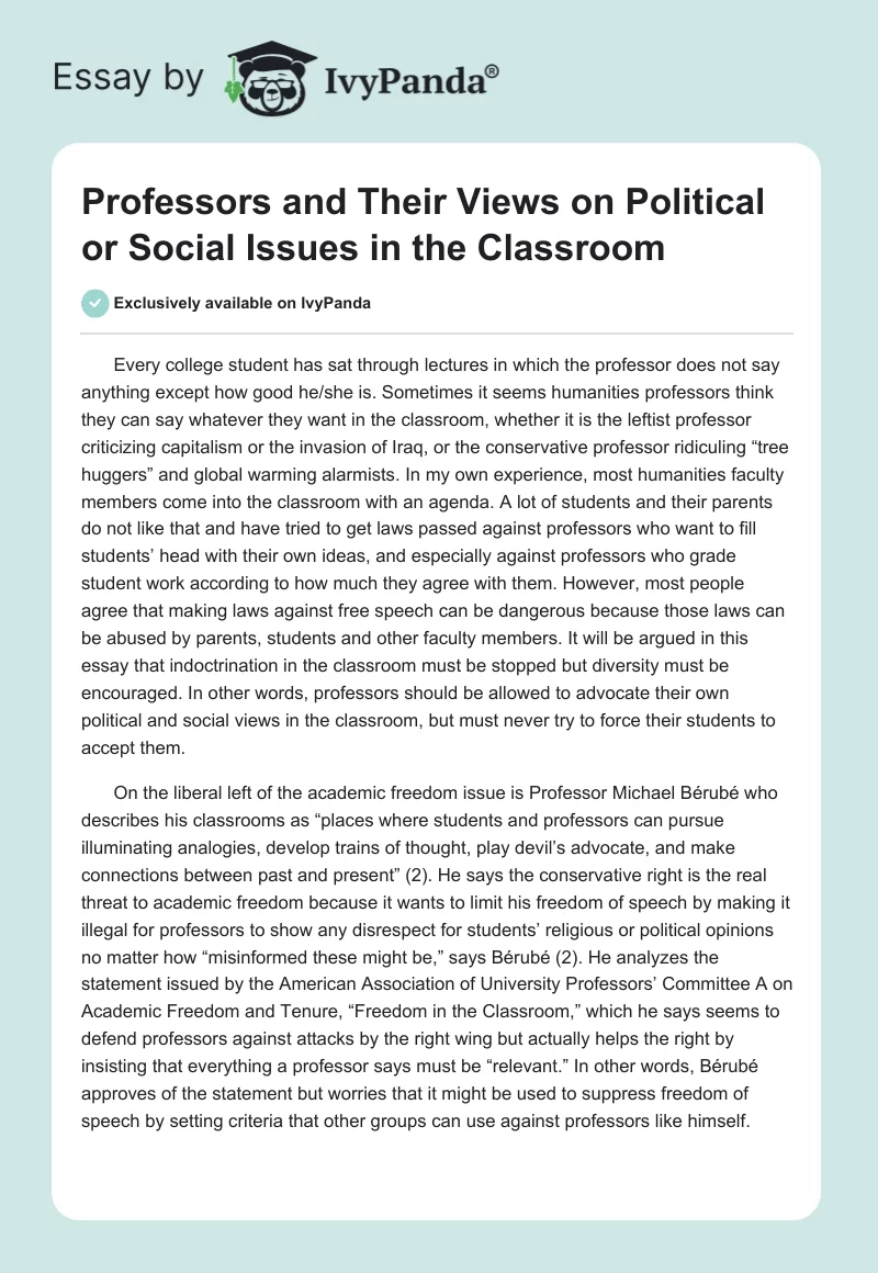 Professors and Their Views on Political or Social Issues in the Classroom. Page 1