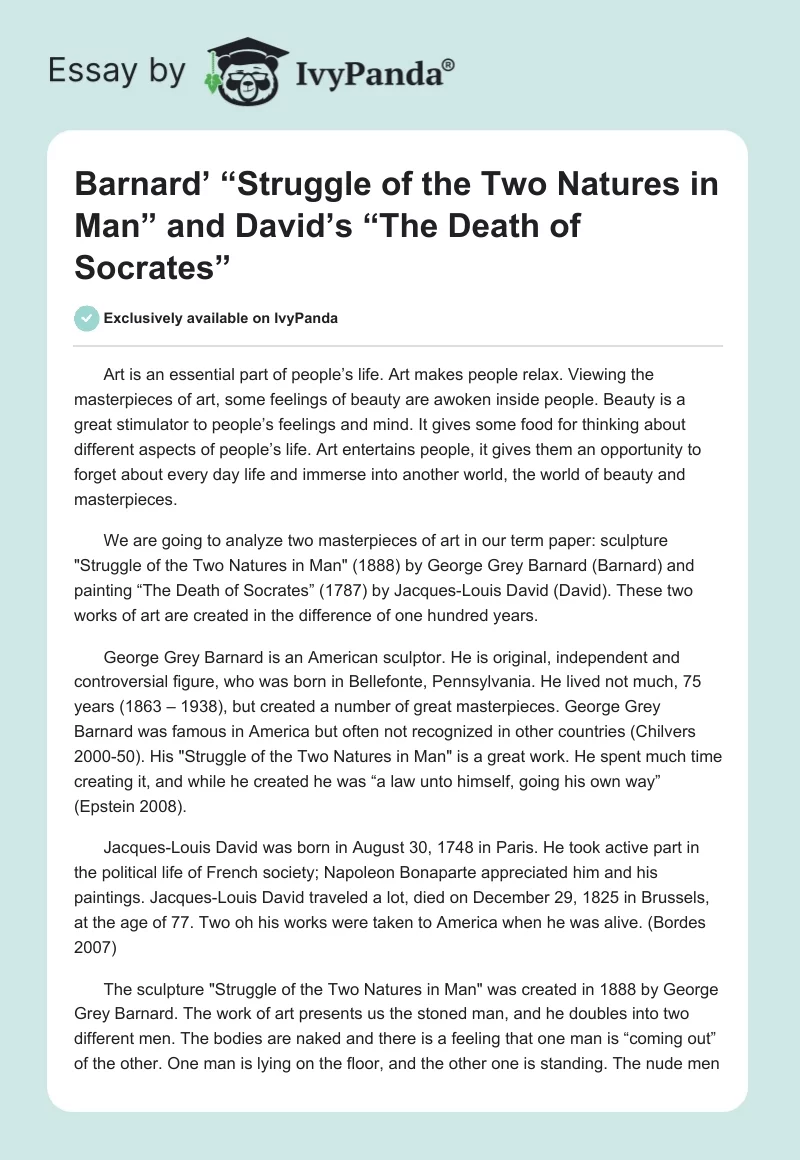 Barnard’ “Struggle of the Two Natures in Man” and David’s “The Death of Socrates”. Page 1
