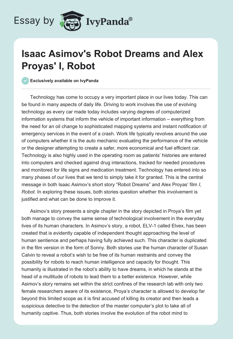 Isaac Asimov's "Robot Dreams" and Alex Proyas' "I, Robot". Page 1