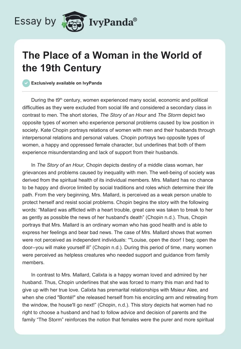 The Place Of A Woman In The World Of The 19th Century 599 Words Essay Example