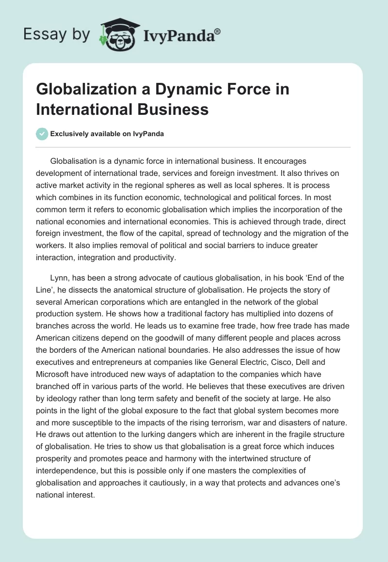 Globalization a Dynamic Force in International Business. Page 1