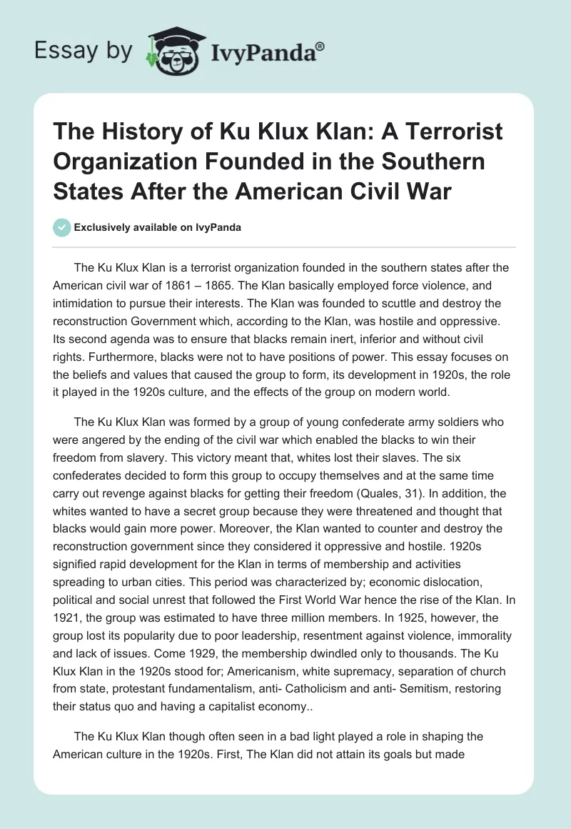 The History of Ku Klux Klan: A Terrorist Organization Founded in the Southern States After the American Civil War. Page 1