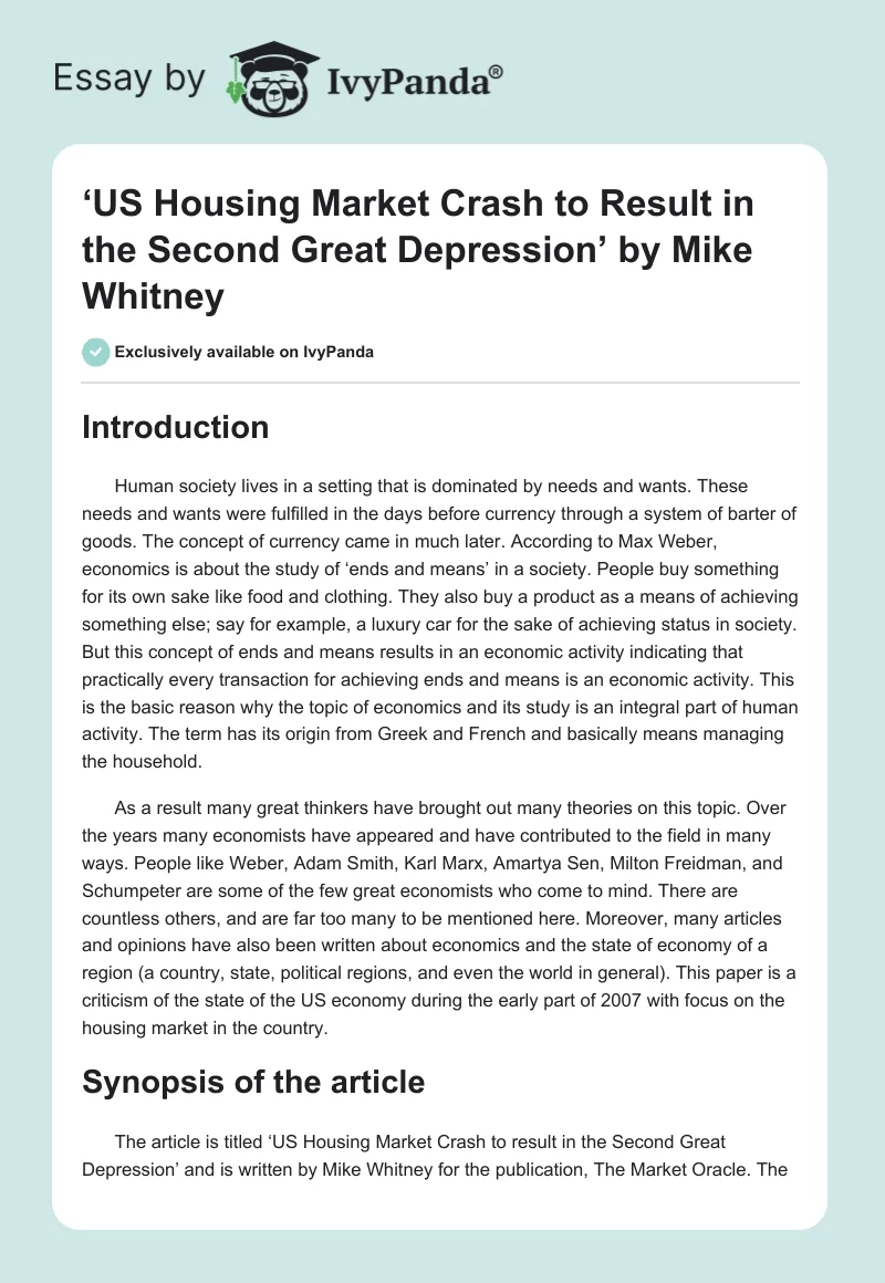 ‘US Housing Market Crash to Result in the Second Great Depression’ by Mike Whitney. Page 1