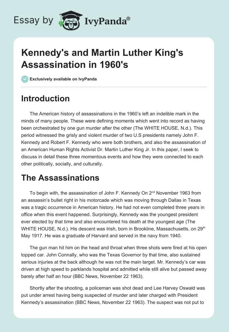 Kennedy's and Martin Luther King's Assassination in 1960's. Page 1