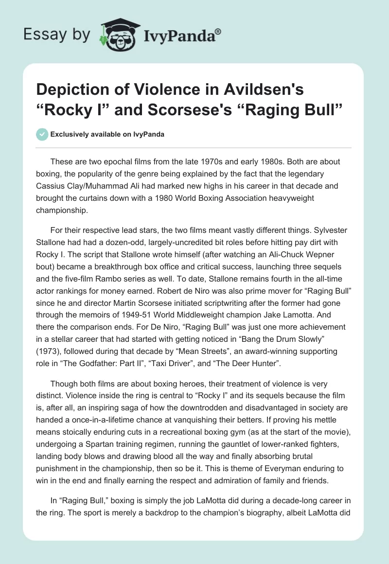 Depiction of Violence in Avildsen's “Rocky I” and Scorsese's “Raging Bull”. Page 1