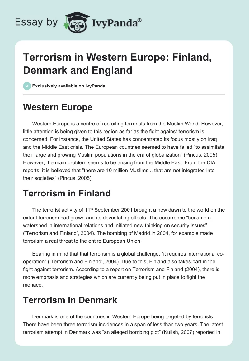 Terrorism in Western Europe: Finland, Denmark and England. Page 1