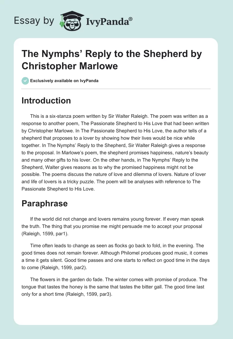 "The Nymphs’ Reply to the Shepherd" by Christopher Marlowe. Page 1