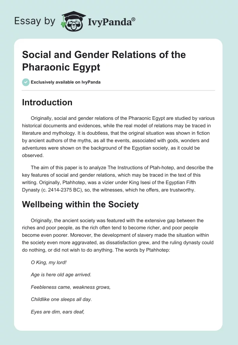 Social and Gender Relations of the Pharaonic Egypt. Page 1