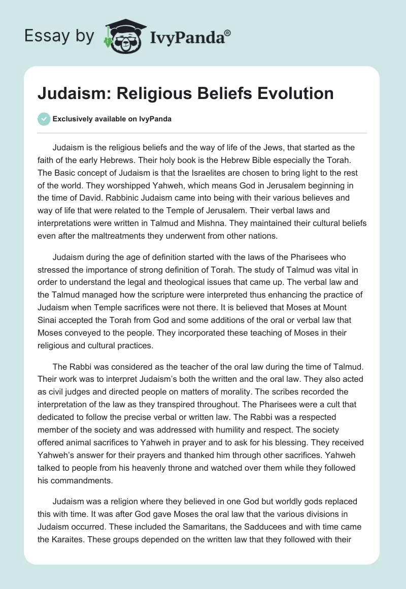 Judaism: Religious Beliefs Evolution. Page 1