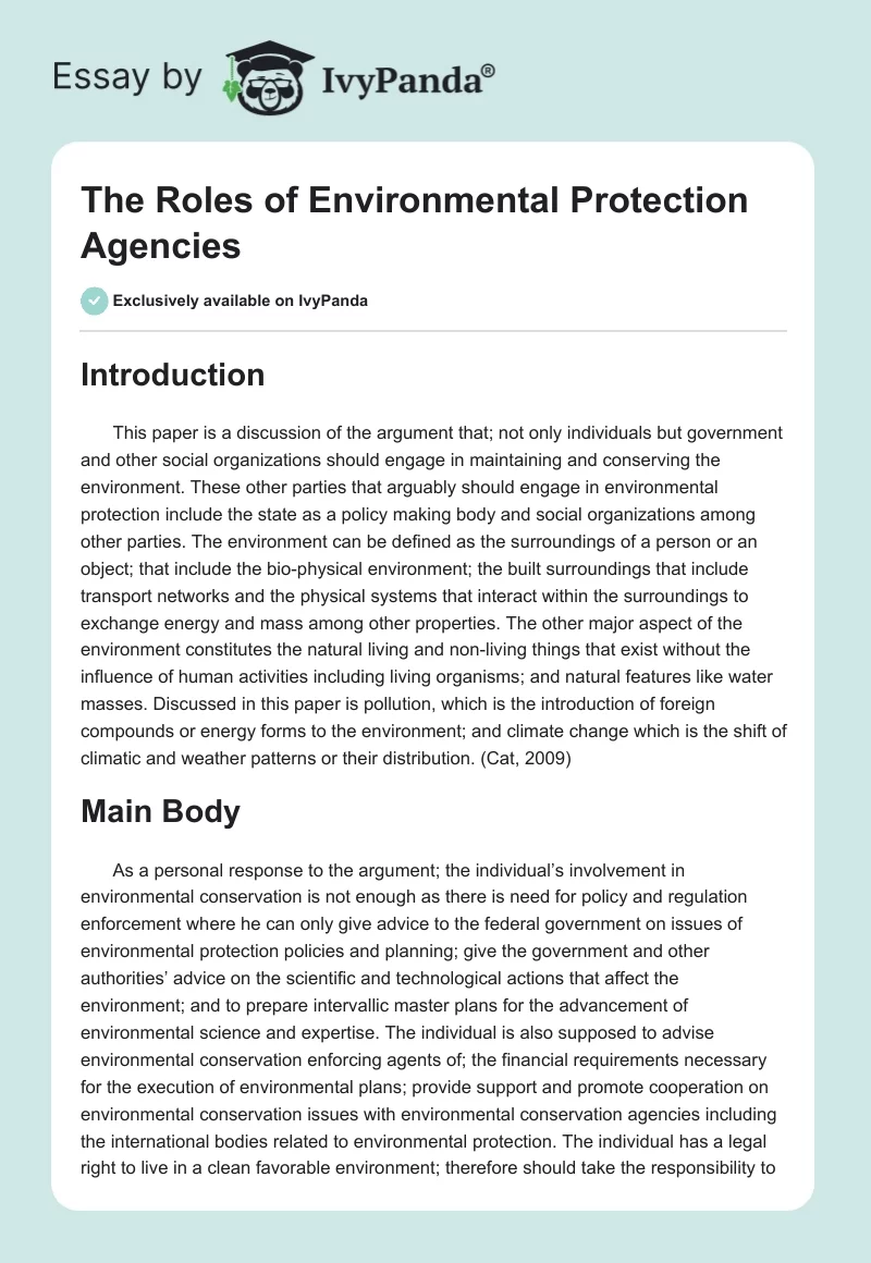 The Roles of Environmental Protection Agencies. Page 1