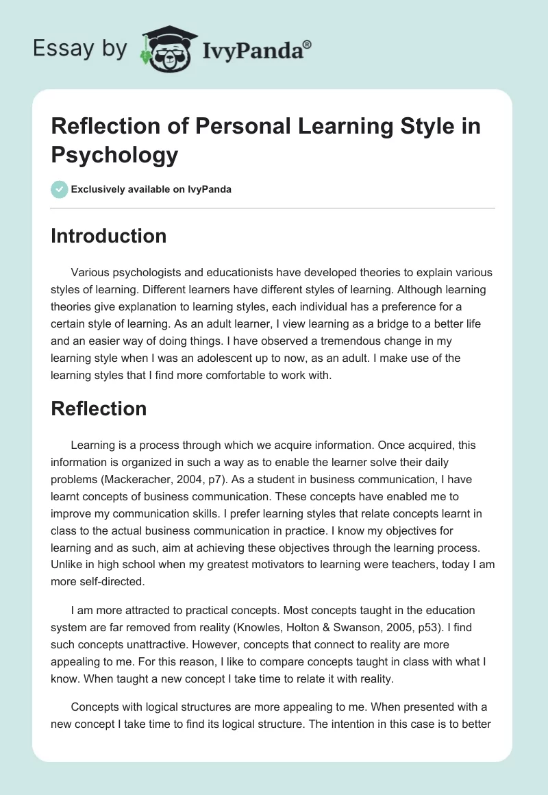 Reflection of Personal Learning Style in Psychology. Page 1