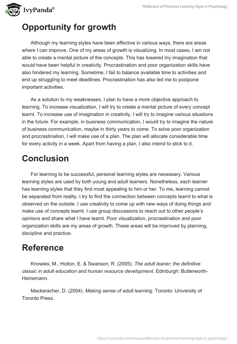 Reflection of Personal Learning Style in Psychology. Page 3