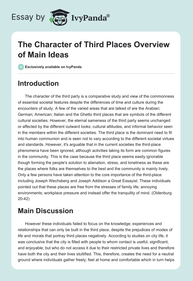 "The Character of Third Places" Overview of Main Ideas. Page 1