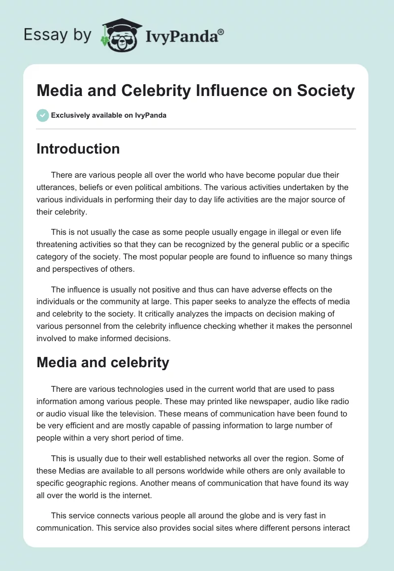 Media and Celebrity Influence on Society. Page 1