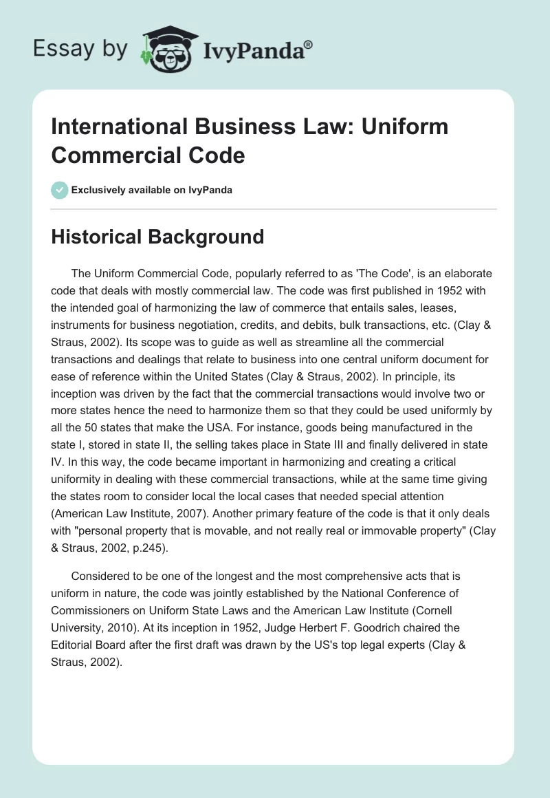 International Business Law: Uniform Commercial Code. Page 1