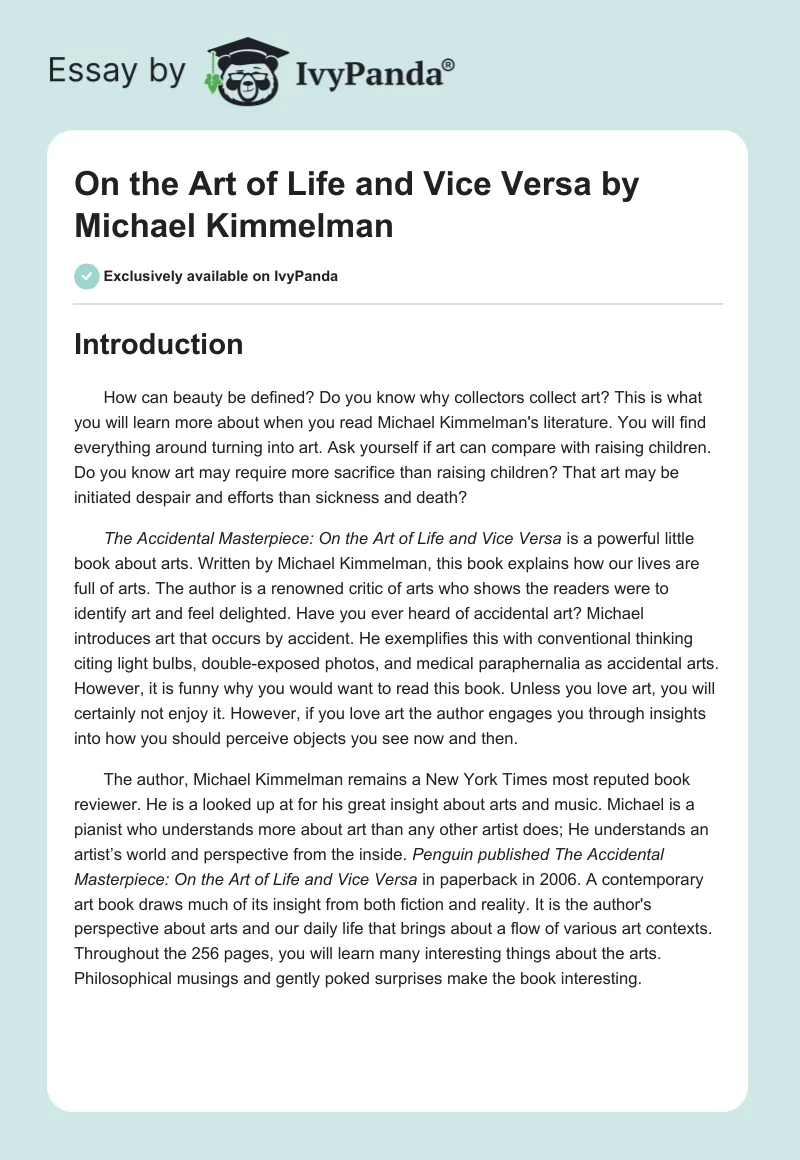 "On the Art of Life and Vice Versa" by Michael Kimmelman. Page 1