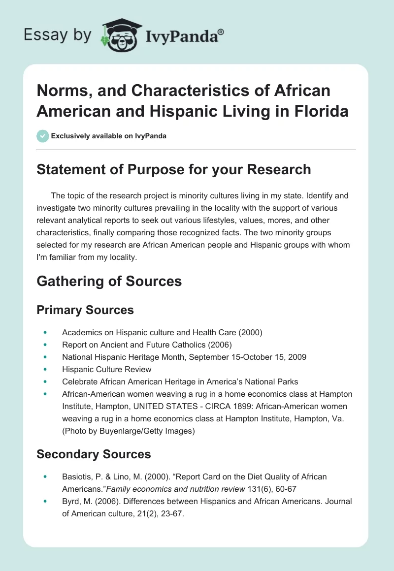 Norms, and Characteristics of African American and Hispanic Living in Florida. Page 1