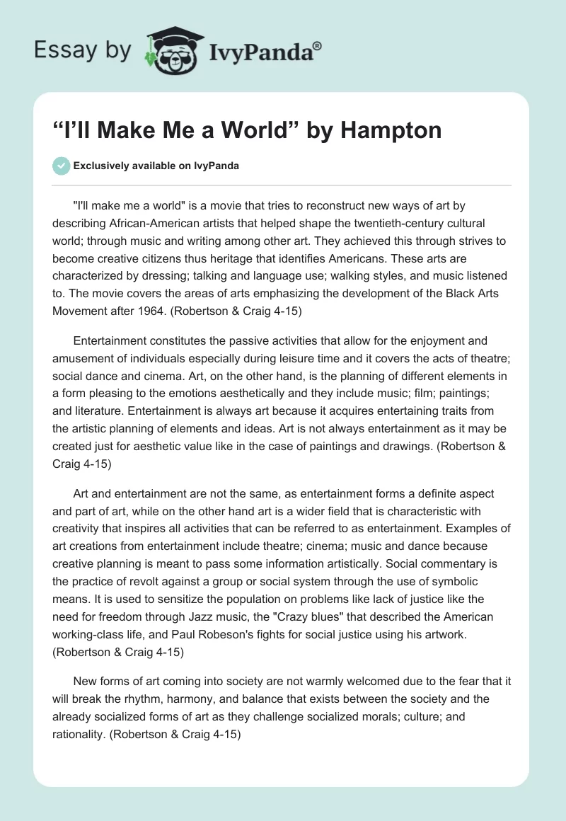 “I’ll Make Me a World” by Hampton. Page 1