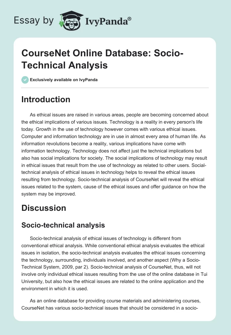 CourseNet Online Database: Socio-Technical Analysis. Page 1
