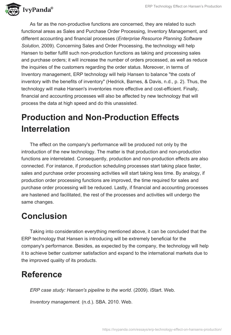 ERP Technology Effect on Hansen’s Production. Page 2