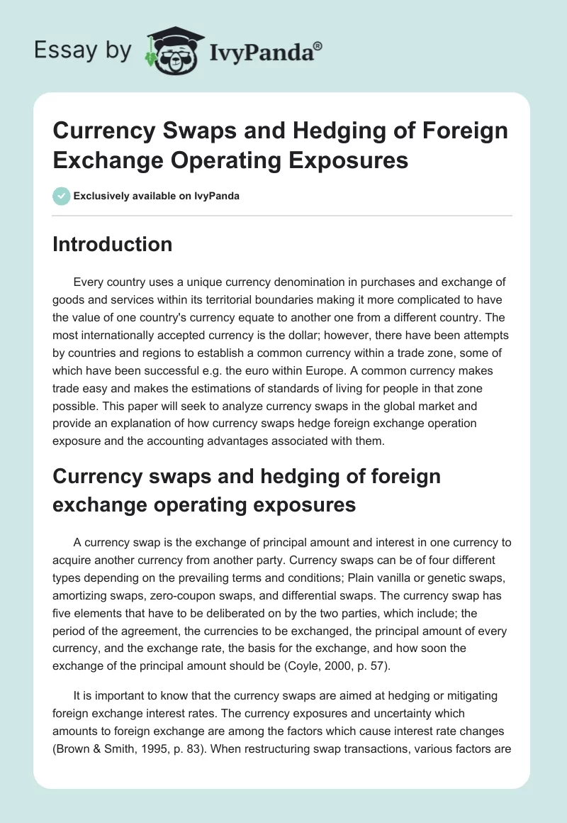Currency Swaps and Hedging of Foreign Exchange Operating Exposures. Page 1