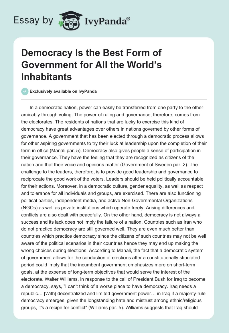 Democracy Is the Best Form of Government for All the World’s Inhabitants. Page 1
