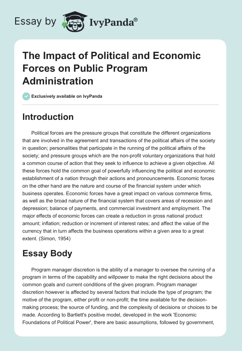 The Impact of Political and Economic Forces on Public Program Administration. Page 1