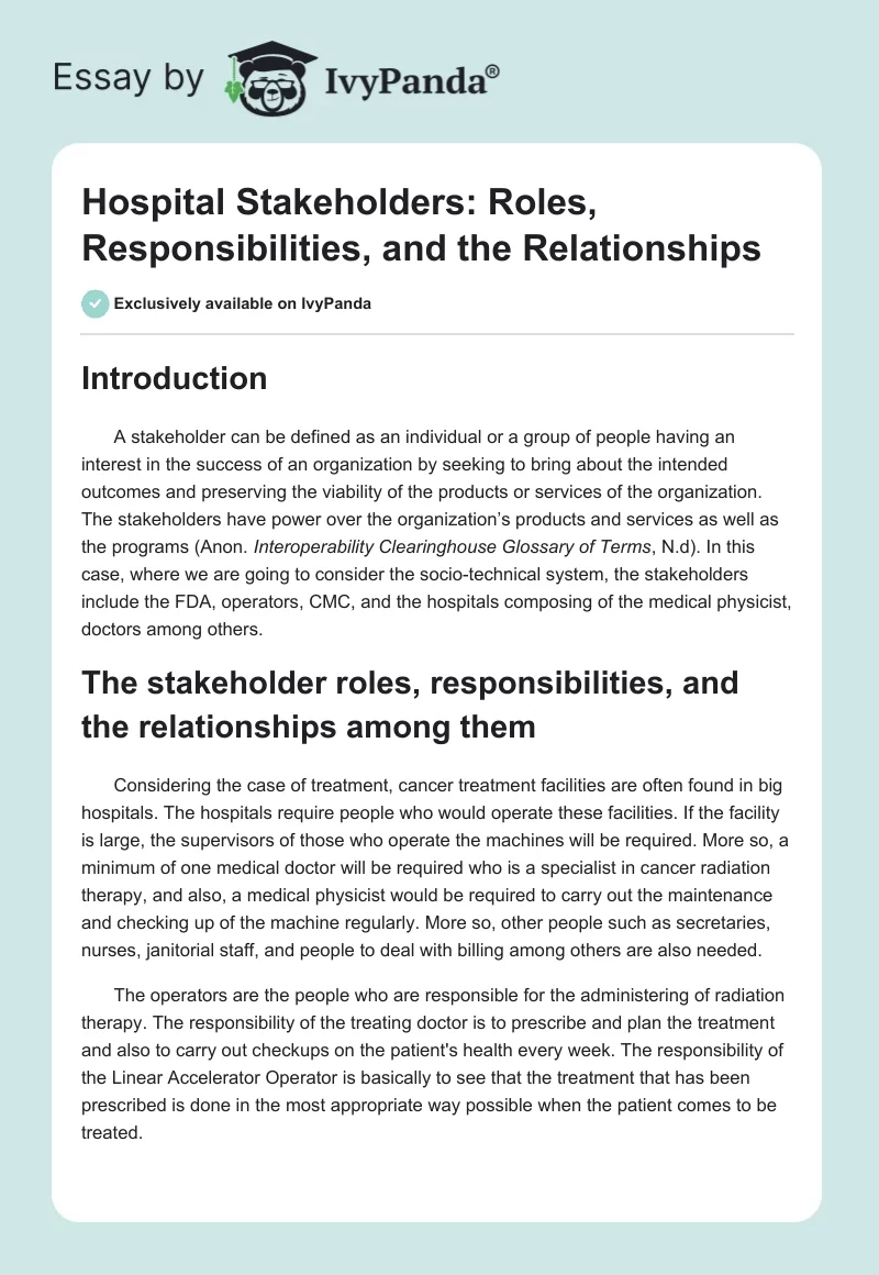 Hospital Stakeholders: Roles, Responsibilities, and the Relationships. Page 1