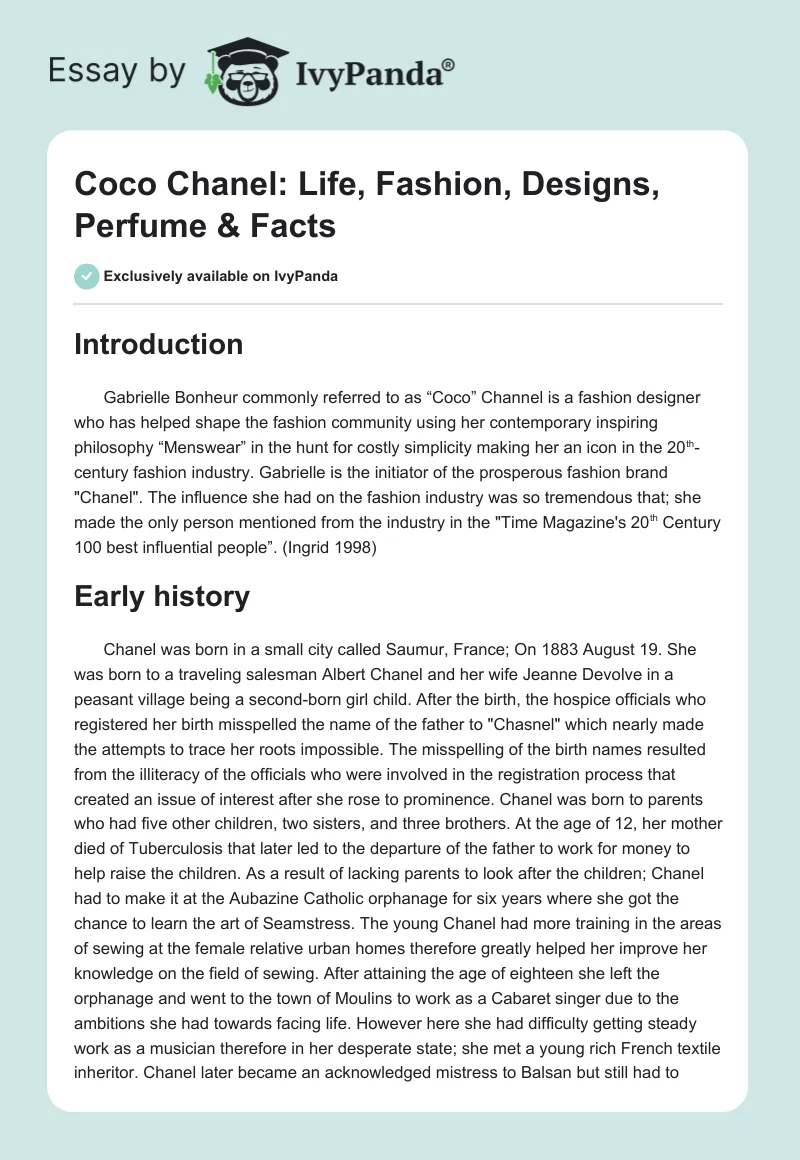 Coco Chanel: Life, Fashion, Designs, Perfume & Facts - 2064 Words