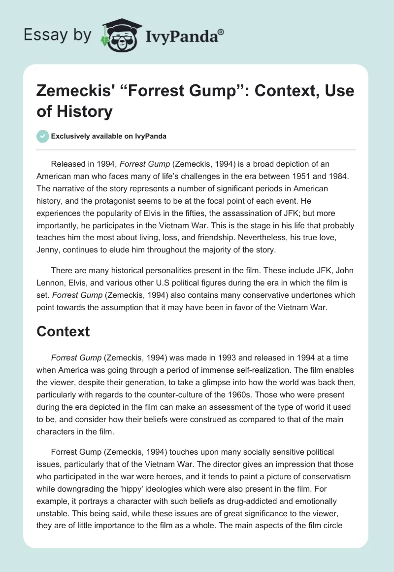 Zemeckis' “Forrest Gump”: Context, Use of History. Page 1
