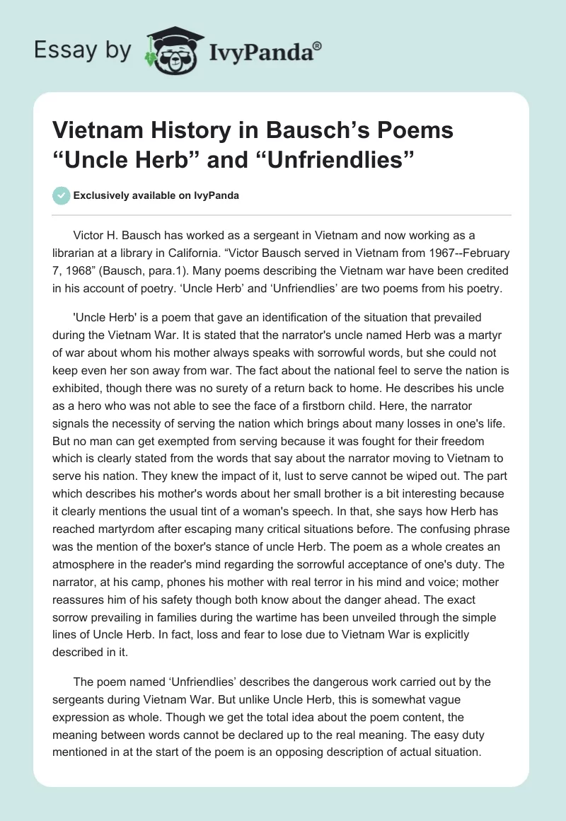 Vietnam History in Bausch’s Poems “Uncle Herb” and “Unfriendlies”. Page 1