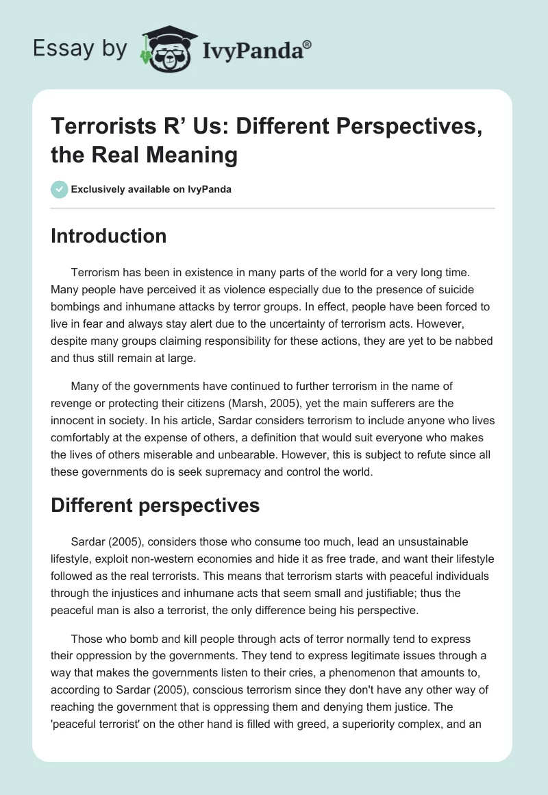 Terrorists R’ Us: Different Perspectives, the Real Meaning. Page 1