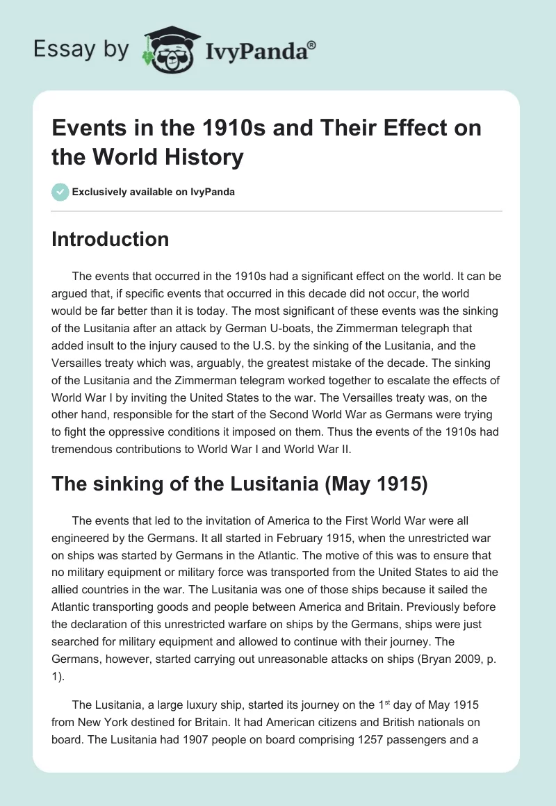 Events in the 1910s and Their Effect on the World History. Page 1