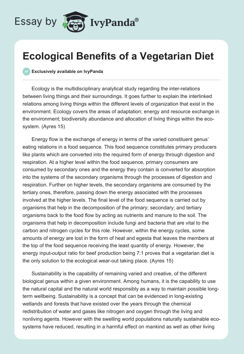 Ecological Benefits of a Vegetarian Diet. Page 1