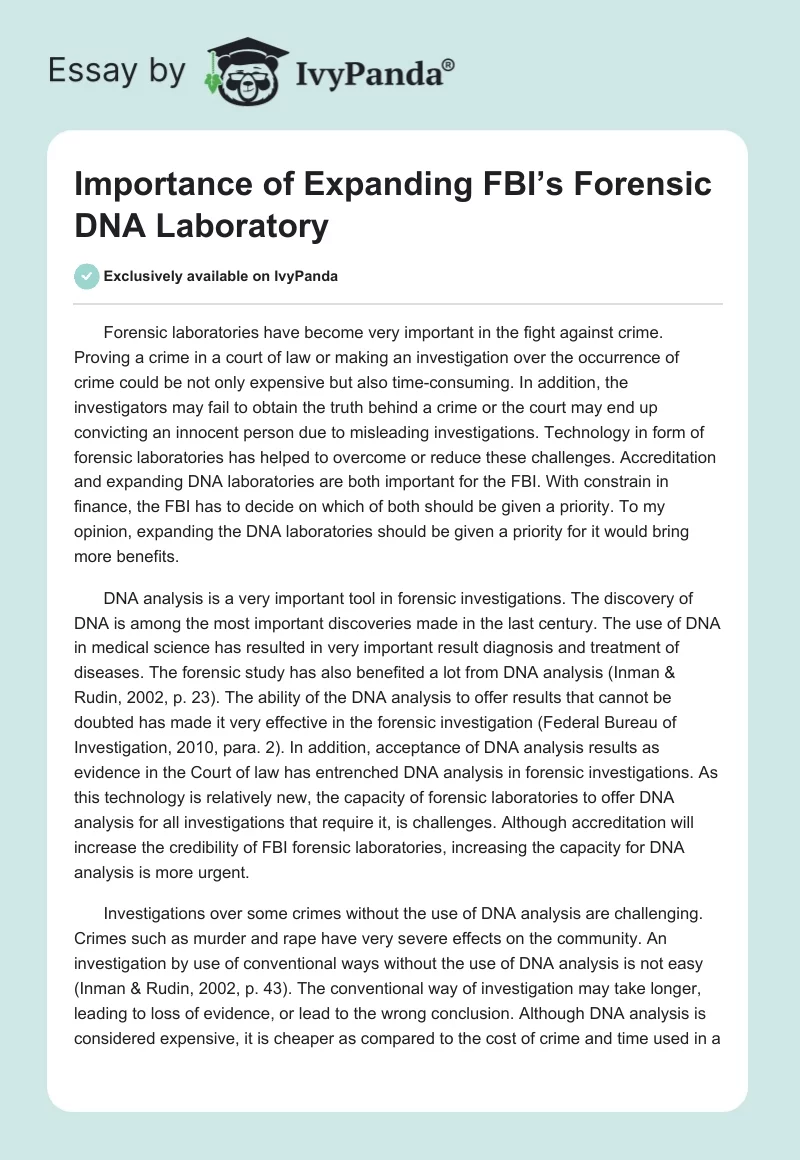 Importance of Expanding FBI’s Forensic DNA Laboratory. Page 1