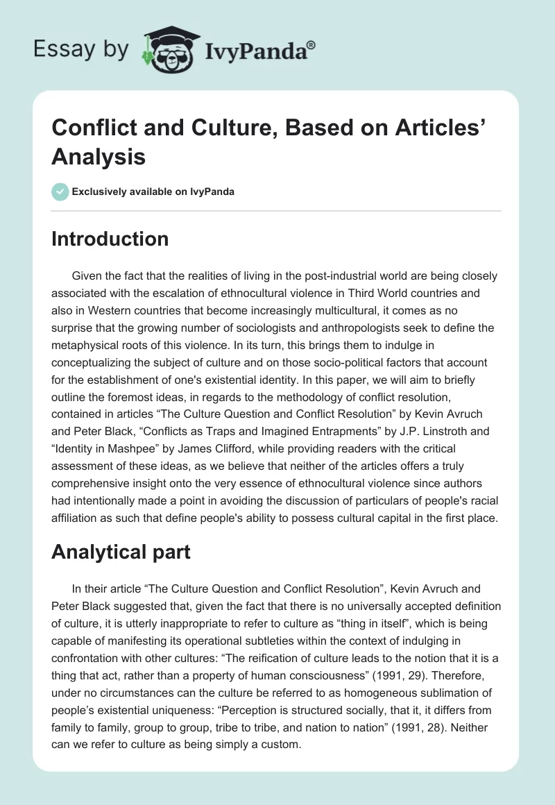 Conflict and Culture, Based on Articles’ Analysis. Page 1
