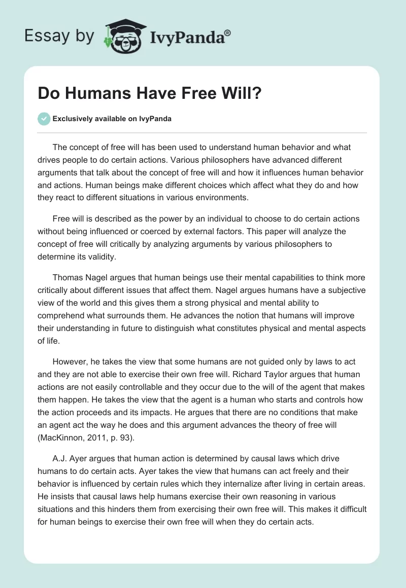 Do Humans Have Free Will?. Page 1