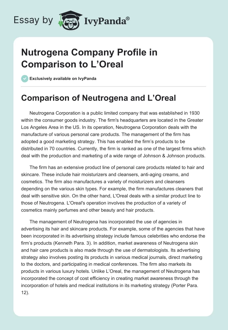 Nutrogena Company Profile in Comparison to L’Oreal. Page 1